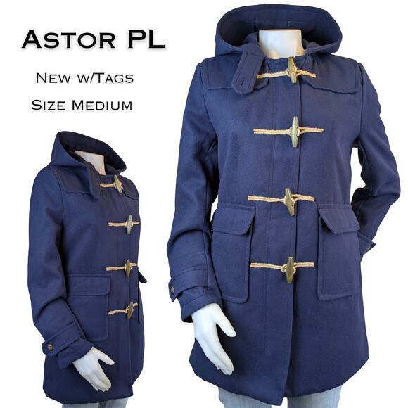 NEW Astor PL Duffle Coat Medium Navy Toggle Hooded Winter Outerwear Cabincore - Picture 1 of 12